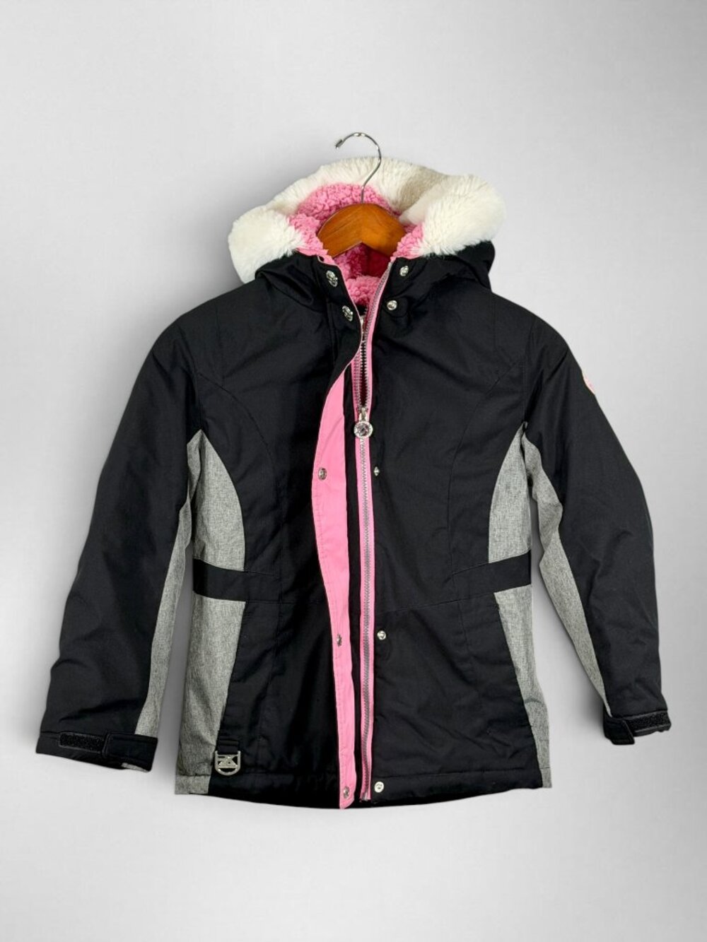 ZeroXposur Girls 7/8 Winter Ski Jacket Black Gray Pink Faux Fur Hood